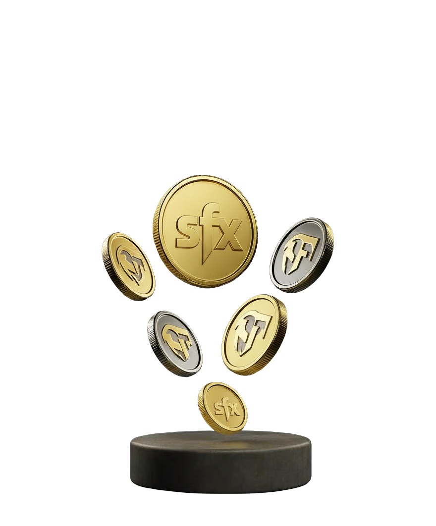 Gold and silver coins with a stylized eagle and letters 'FT' floating above a round black pedestal.